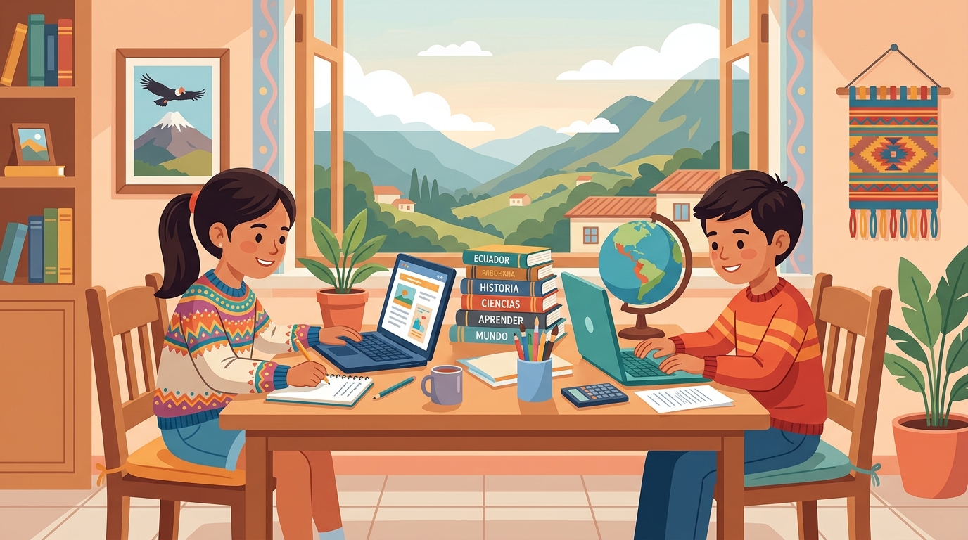 Niños estudiando desde casa con laptops en Ecuador