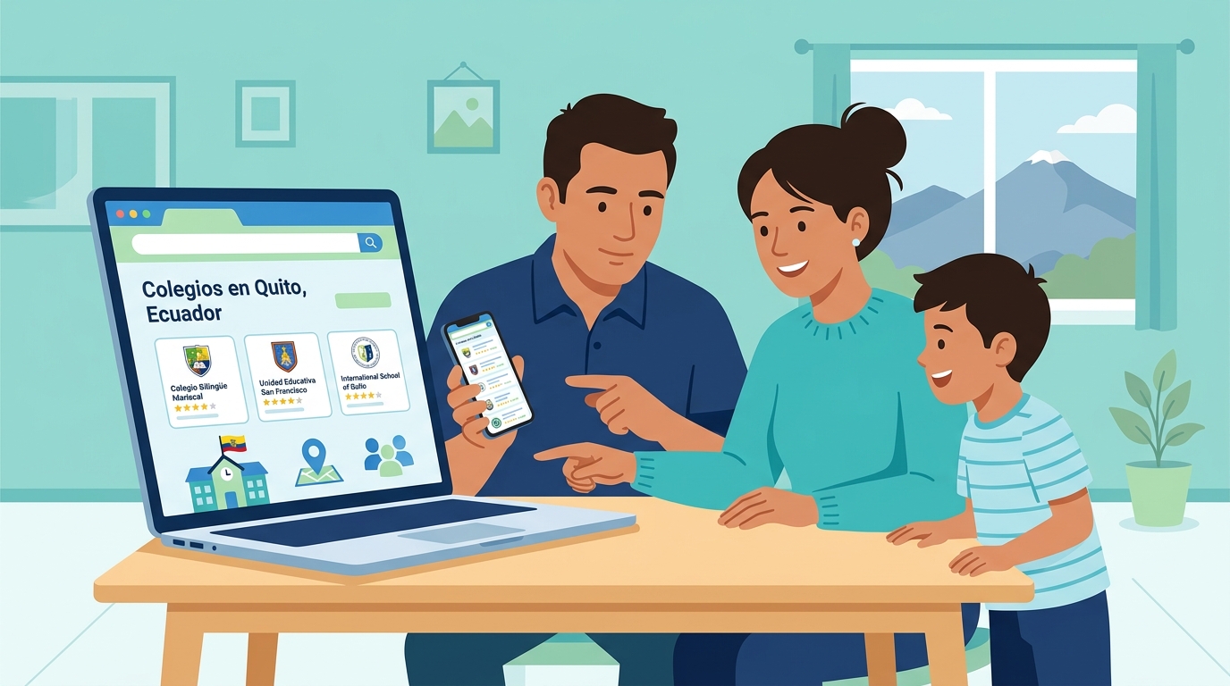 Padres buscando colegios en internet desde un celular y laptop